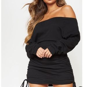 Pretty Little Thing black bardot ruched side jumper dress